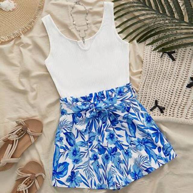 SHEIN Women&#39;s Summer Outfits For Women Boho Jumpsuit  Blue And White Print Tropical Print Paperbag Waist Belted Combo Tank One Piece Romper Suitable For Spr