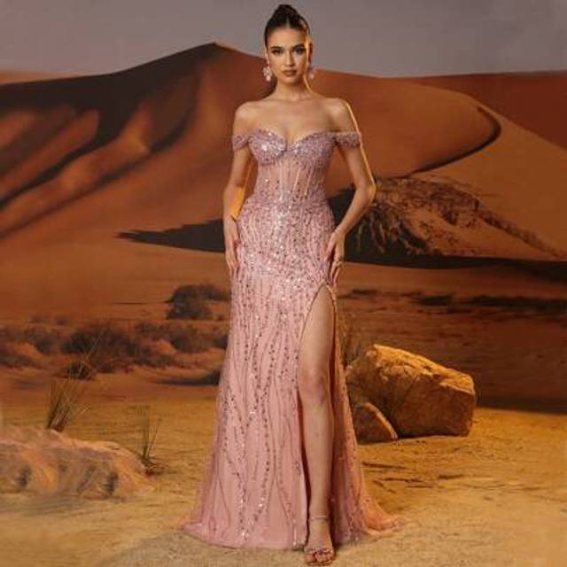 SHEIN Sparkly Hand Beading Evening Dresses With High Split Off Shoulder Prom Dresses Luxury Elaborate Mermaid Formal Evening Party Gowns Semi-Sheer Boned Co