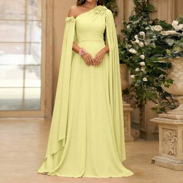 SHEIN 3D Floral, Flowing Sleeve, Oblique Shoulder Chiffon Bridesmaid Dress, Women&#39;s Evening Gown (Embellished)