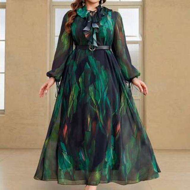 SHEIN Plus Size Women Stand Collar Tie Neck Ruffle Trim Drawstring Waist Random Floral Print Dress