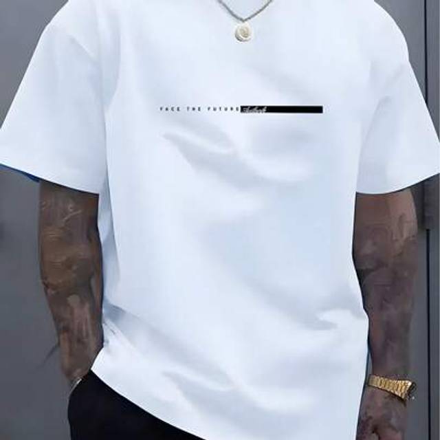 SHEIN Men&#39;s Simple Letter & Striped Print Round Neck Short Sleeve Casual T-Shirt