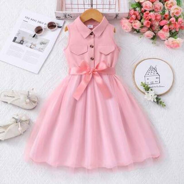 SHEIN Young Girl Solid Color Sleeveless Collared Mesh Dress With Waist Belt