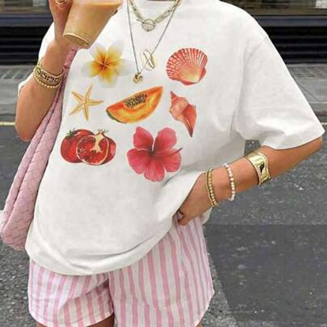 SHEIN Women&#39;s Spring Summer Y2K Fashion Casual Versatile Vacation Solid Color Minimalist Style Floral Shell Starfish Fruit Pattern Round Neck Short Sleeve T