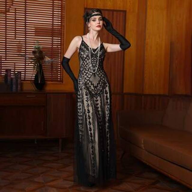 SHEIN Elegant Classy Vintage 1920s Flapper Gatsby Spaghetti Strap Sequin V-Neck Dress Party Evening Event Dress
