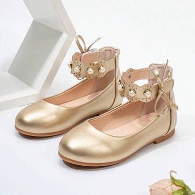 SHEIN Flower Girl Dress Shoes Girls Ballet Flats Pearl Bow Mary Jane Ankle Band Wedding Party Shoes For Teen Girl Shoes Girl Shoes Kids