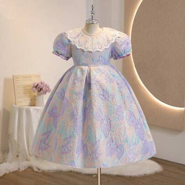 SHEIN Tween Girls&#39; Elegant Puff Sleeve High Waist Mid-Length Jacquard Fabric Lace Trim Neck Flower Tween Girl Dress For Summer Wedding