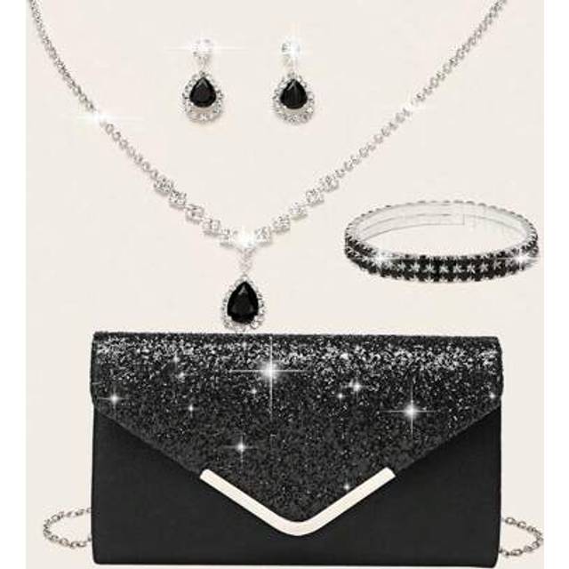 SHEIN 4 Pieces Rhinestone Jewelry Set Bling Necklace Earrings Bracelets Set For Women Evening Clutch Bag Bridal Wedding Sparkling V-Shaped Flap Envelope Clu