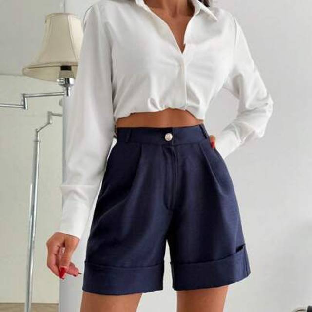 SHEIN Navy Blue Ultra-High Waist Cuffed Linen Shorts, Women&#39;s New Collection Modern Look Summer Shorts Women S Clothes Women Short Set Women S Bottoms