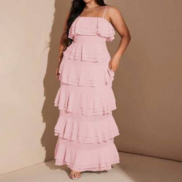 SHEIN Plus Size Women&#39;s Romantic Elegant Sexy Beachside Holiday Sweet Festival Birthday Party Chiffon Ruffle Hem Long Strap Maxi Dress, Suitable For Valenti