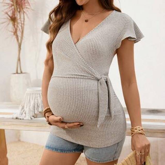 SHEIN Casual BOHO Summer Maternity Wrap Nursing Top With Tie
