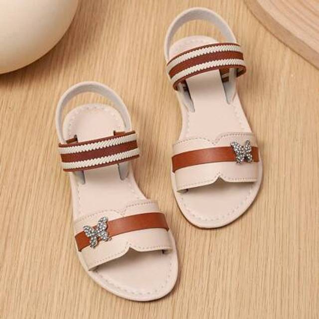 SHEIN 1 Pair Toddler Girls&#39; Ivory White Plus Size Flat Sandals, Bicolor PU Strap With Glitter Rhinestone Butterfly Decor Elastic Back, Round Toe Casual Open