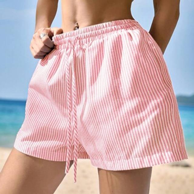 SHEIN Light Pink Striped Woven Women Casual Loose Shorts