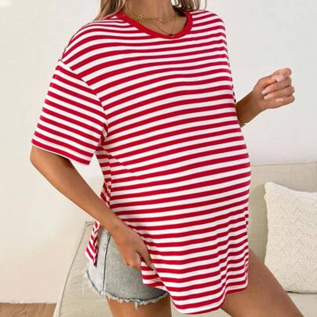 SHEIN Pregnant Women Casual Striped Side Split Short Sleeve T-Shirt, Summer