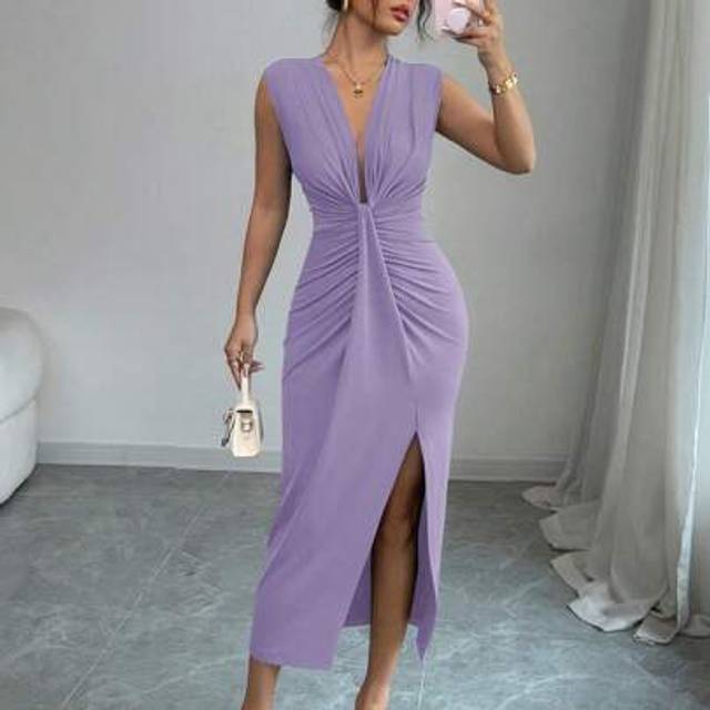 Rafferiza Elegant Sleeveless Blue Deep V-Neck Ruffle Hem Slit Dress For Women, Spring/Summer