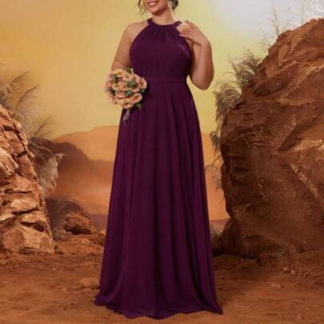 SHEIN Mgiacy New Round Neck Open Shoulder Elegant Bridesmaid Dress, Pleated Chiffon Maxi Gown