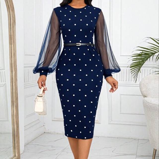 SHEIN Office Dress Women&#39;s Fashion Elegant Round Neck Black And White Dot Printed Bubble Mesh Sleeve Bodycon Dress,Polka Dot Dress