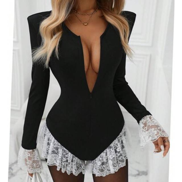 INAWLY Women&#39;s Sexy Elegant Lace Trim Fitted Bodysuit, Long Sleeve, Spring & Summer