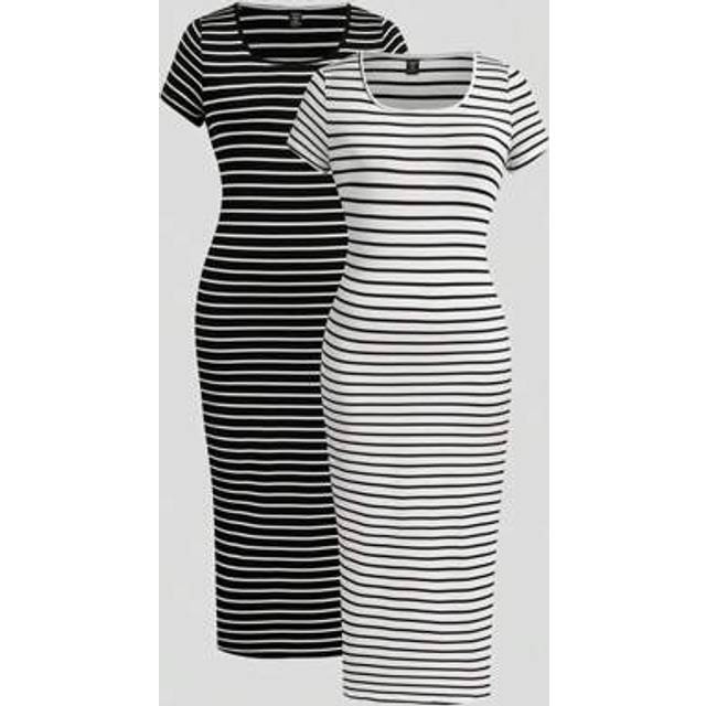 SHEIN 2pcs Plus Size Black White Gray Striped Casual Fashionable Versatile Long Dress, Summer