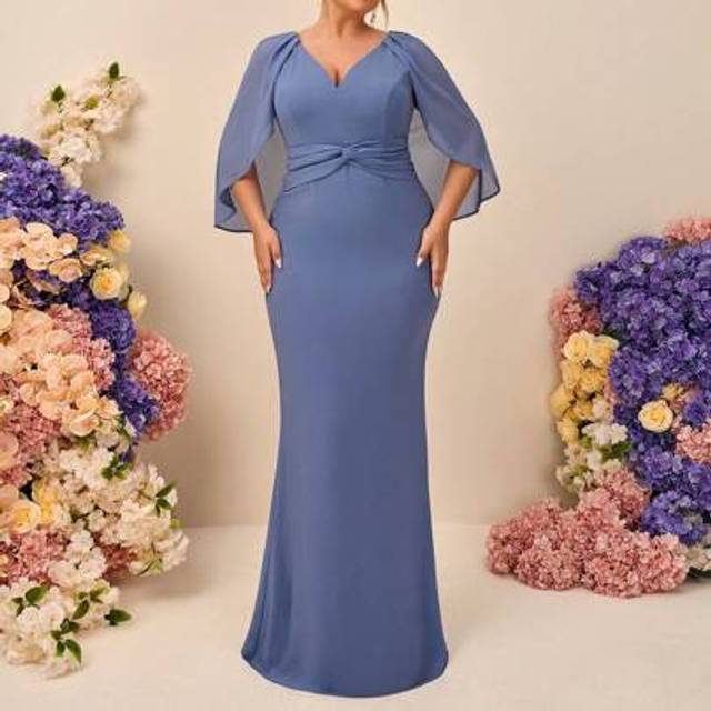 SHEIN Plus Size Elegant Romantic Minimalist Blue Chiffon Fabric Ruffle Sleeve V-Neck Mermaid Hem Long Bridesmaid Dress