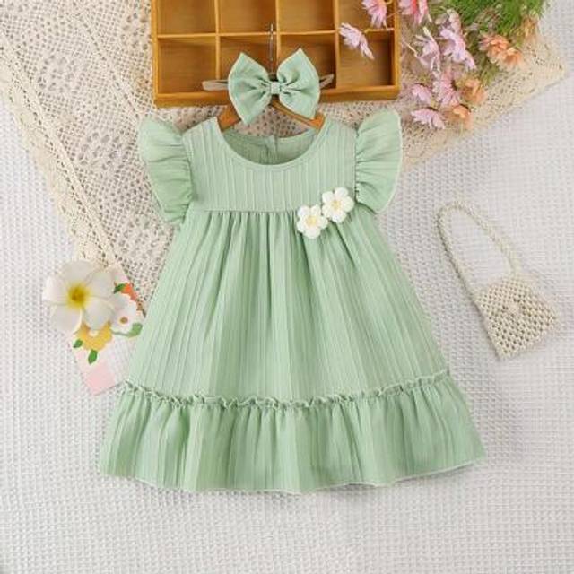 SHEIN 2pcs Baby Girls Solid Color Casual Cute Handmade 3D Flower Cap Sleeve Dress + Headband Set