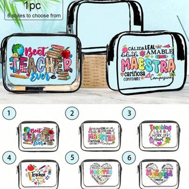 SHEIN Maestra Teacher Series PVC Cosmetic Bag -Beach Summer Teacher Pattern Multifunctional Transparent Waterproof Bag,With Inspirational &#34;Teaching Is A Wor