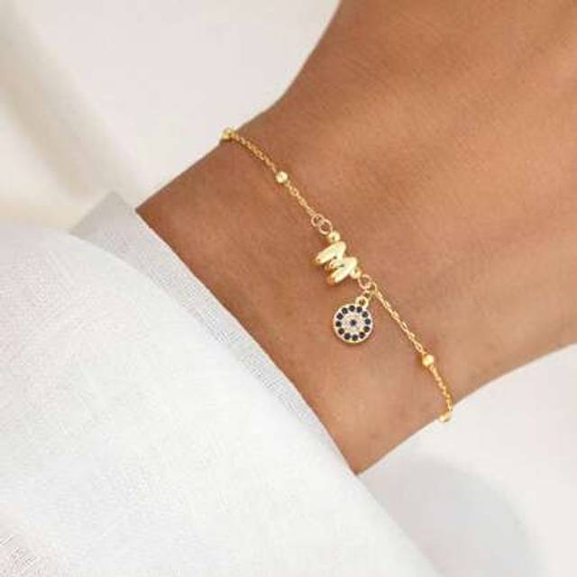 SHEIN 1pc New Pave Zirconia Round Blue Eye Bubble Initial Golden Stainless Steel Bead Chain Bracelet For Women