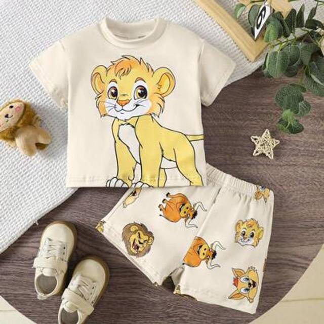 SHEIN 2pcs/Set Baby Boy Casual Cute Summer Lion Print Outfit, Round Neck Short Sleeve Top Paired With Bull Print Shorts, Grey-Green, Simple Casual, Soft And