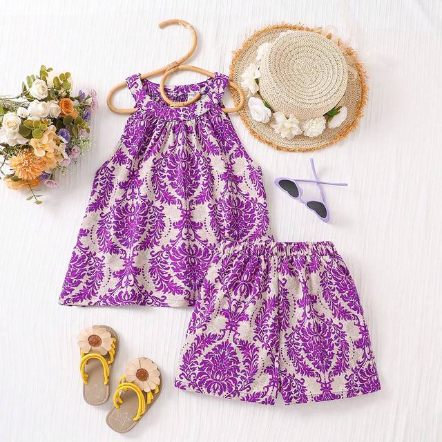 SHEIN 2pcs/Set Teen Girls Casual Vacation Printed Sleeveless Halter Neck Crop Top And Shorts Set