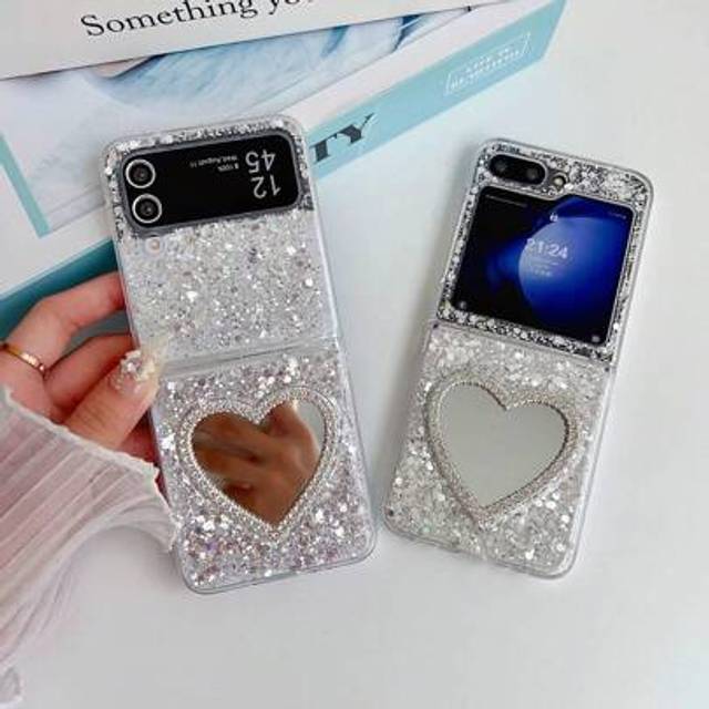SHEIN Luxury INS Rhinestone Heart Makeup Mirror Shiny Glitter Sparkling Sequins Epoxy Folding Phone Case Compatible With Samsung Galaxy Z Flip 6 Z Flip 5 Z