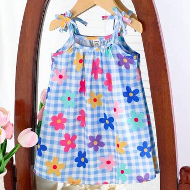SHEIN Baby Girl Clothing Baby Girl Dress Full Floral Pattern Suspender Bow Summer Elegant And Fresh Dress