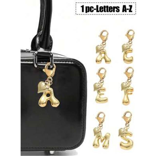 SHEIN Bubble Letters Cute Necklace Pendant Bag Pendant-Lucky Crystal Pendant Paired With A Golden Heart Pendant, Alphabet Letters A-Z, Shiny Alloy Bag And B