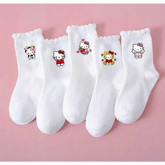 SHEIN Sanrio Hello Kitty 5 Pairs Kids Socks, Breathable Soft Girls/Boys Cartoon Short Socks, Cute Casual Socks For Students Back To School, Holidays & Daily