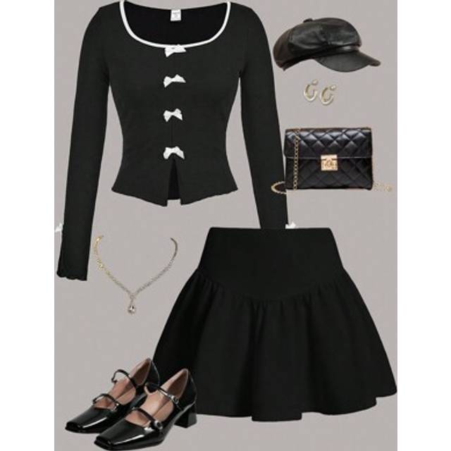 SHEIN Teenagers Black U-Shape Color Block Bow Long Sleeve Top & Flare A-Line Skirt Outfit