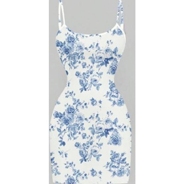 SHEIN Casual Minimalist All-Over Blue And White Floral Print Sleeveless Women Mini Dress,Vacation Outfits Woman,Boho,Cruise Outfits Women Sexy,Hawaiian Clot