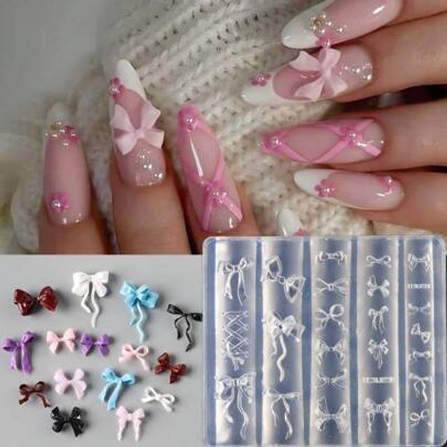 SHEIN 1pc Cute Kawaii Ballet Bowknot 5D Embossed DIY Nail Art Decorations Stencil Silicone Carving Mold, French Bowknot Ribbon Japanese Style Elegant Nail A