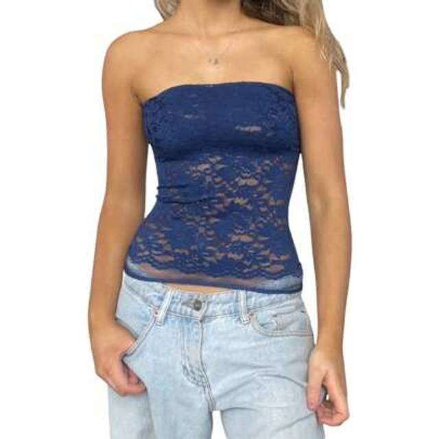 SHEIN Women Lace Tube Top Y2k Floral Lace Sheer Mesh Strapless Bandeau Crop Tops Sexy Backless Sleeveless See Through Going Out Tops Off Shoulder Vests Shir