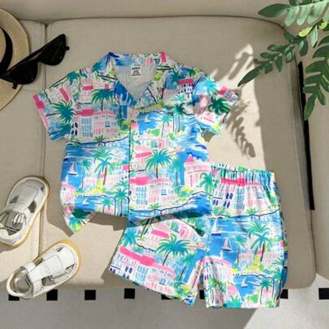 SHEIN Boys&#39; Hawaiian Flower Print Shirt And Shorts Set, Beach Vacation Summer Outfit, Children&#39;s Holiday Island Wear