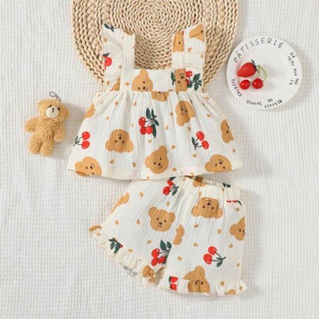 SHEIN 2pcs Baby Girls Casual Print Sleeveless Top And Shorts Set, Versatile For Outdoor Play Or Comfortable Home Wear