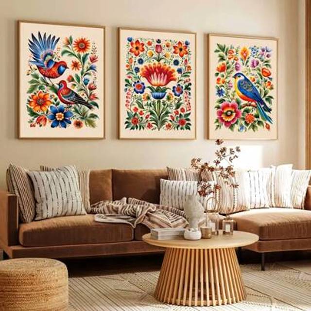 SHEIN 3pcs/Set Wooden Framed Canvas Posters, Modern Minimalist Floral & Bird Wall Art, Fashion-Themed Polish Folk Art Prints, For Living Room, Bedroom, Kitc