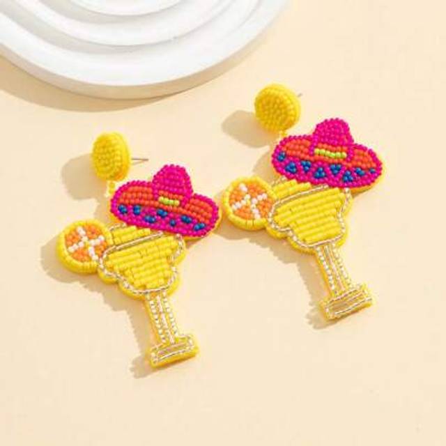 SHEIN 1 Pair Stainless Steel Handmade Lemon Cocktail Shaped Rice Bead Earrings, Unique Fashionable Jewelry For Women
