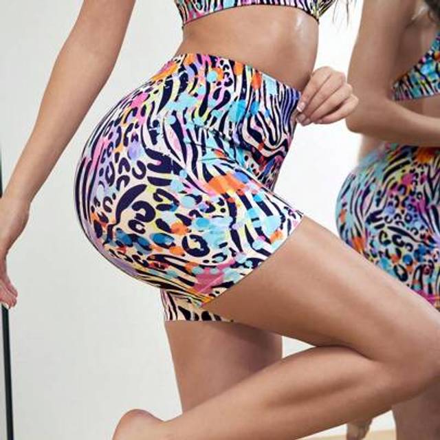 SHEIN Women&#39;s Leopard & Zebra Print Patchwork Athletic Cycling Shorts