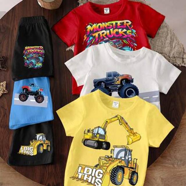 SHEIN 2pcs Toddler Boys Casual Creative Cartoon Excavator & Race Car Print Short Sleeve T-Shirt And Pants Set, Sibling Matching Outfits (2 Sets Pieces Sold