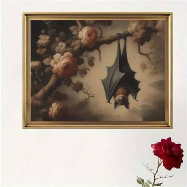 SHEIN 1pc Poster Print , Elegant Gothic Vintage Bat & Roses Wall Art Canvas Print For Home Decor, Living Room, Bedroom, Cafe, Or Office, Ideal Gift,Unframed