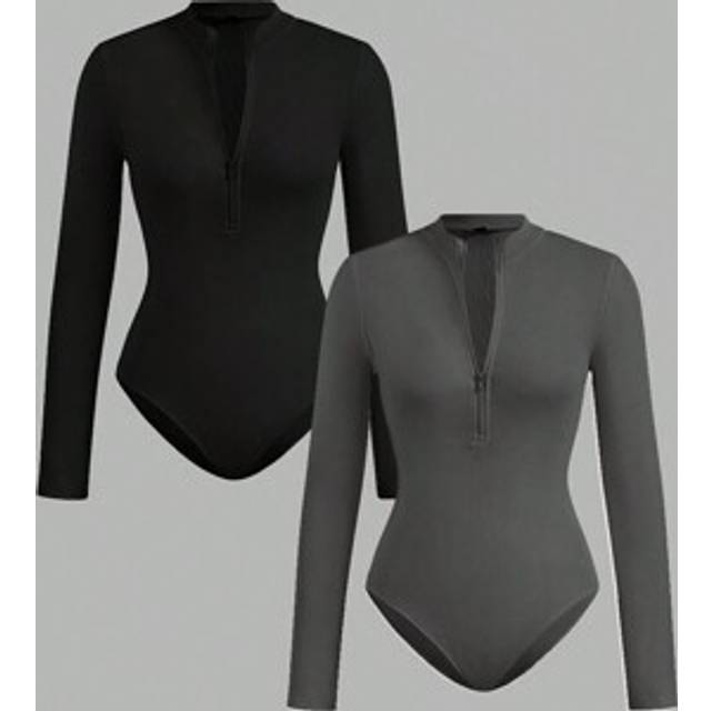 SHEIN 2pcs Women&#39;s Zip-Up Mock Neck Bodysuit Set, Casual Long Sleeve Bodysuit
