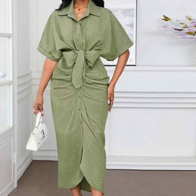 SHEIN Office Dress Holiday Dresses Faux Denim Blue Solid Ruffle Shirt Dress Women&#39;s Dress