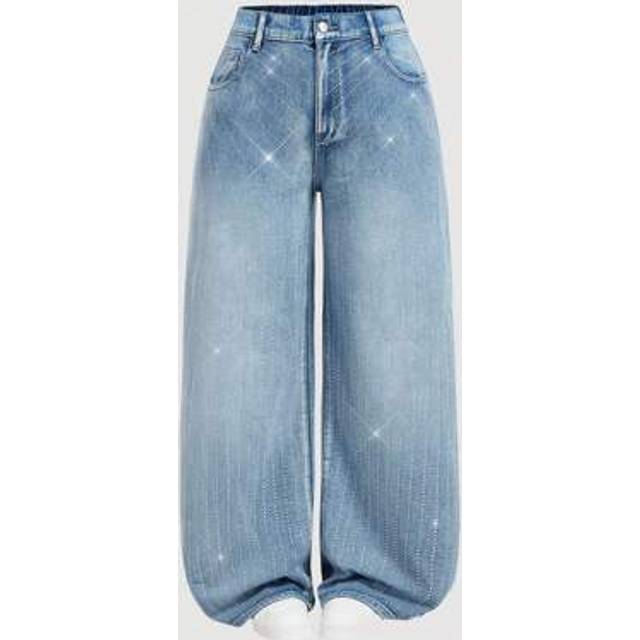 SHEIN Plus Size Washed With Rhinestones Loose Wide Leg Jeans