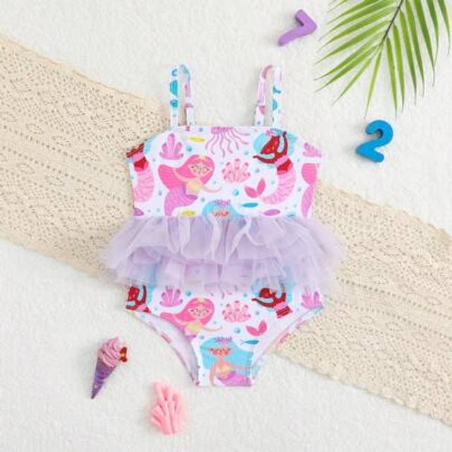 SHEIN Infant Girl One-Piece Swimsuit, Random Prints, Flutter Edge No Lining, Toddler Swimwear Swim Suits For Kids Baby Girl Clothes Swimsuit Bathing Suits F