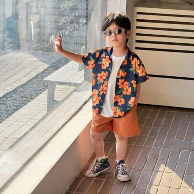 SHEIN 2pcs/Set Young Boys Hawaiian Flower Print Shirt & Shorts Set, Comfortable, Breathable, Cool & Moisture Wicking, Suitable For Spring/Summer, Daily, Spo