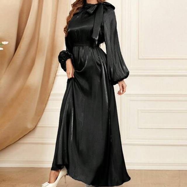 SHEIN Long Lantern Sleeve Cinching Cinching Waist Modest Dress