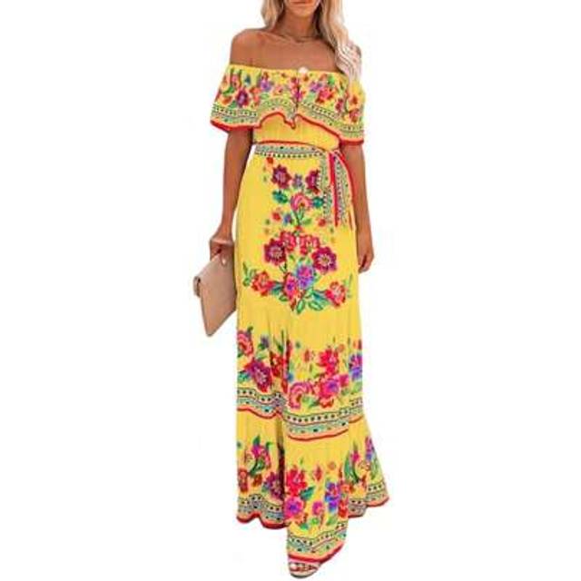 SHEIN Women Long Strapless Dress Floral Print Boat Neck Off Shoulder Tighten Tie Waist Flowy Summer Beach Dresses